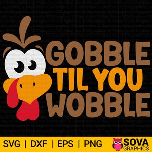 Może przedstawiać: Wz&oacute;r na Dzień Dziękczynienia z kresk&oacute;wkowym indykiem z czerwoną brodą i tekstem "Gobble Til You Wobble".