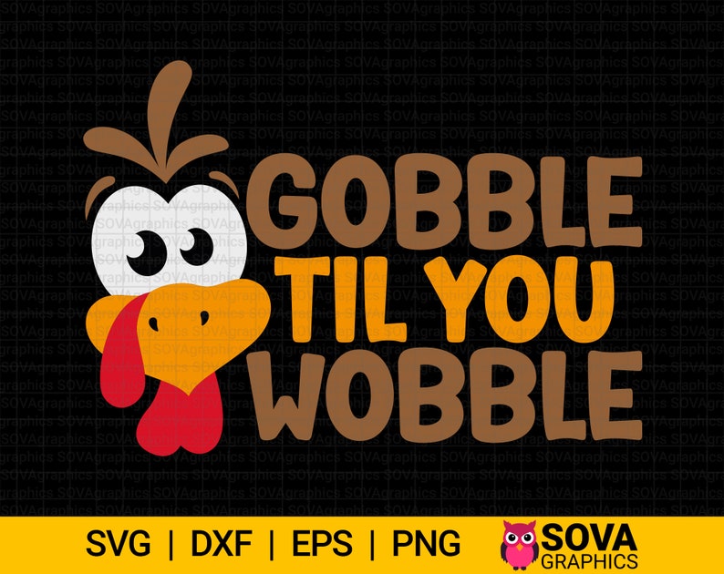 Może przedstawiać: Wz&oacute;r na Dzień Dziękczynienia z kresk&oacute;wkowym indykiem z czerwoną brodą i tekstem "Gobble Til You Wobble".