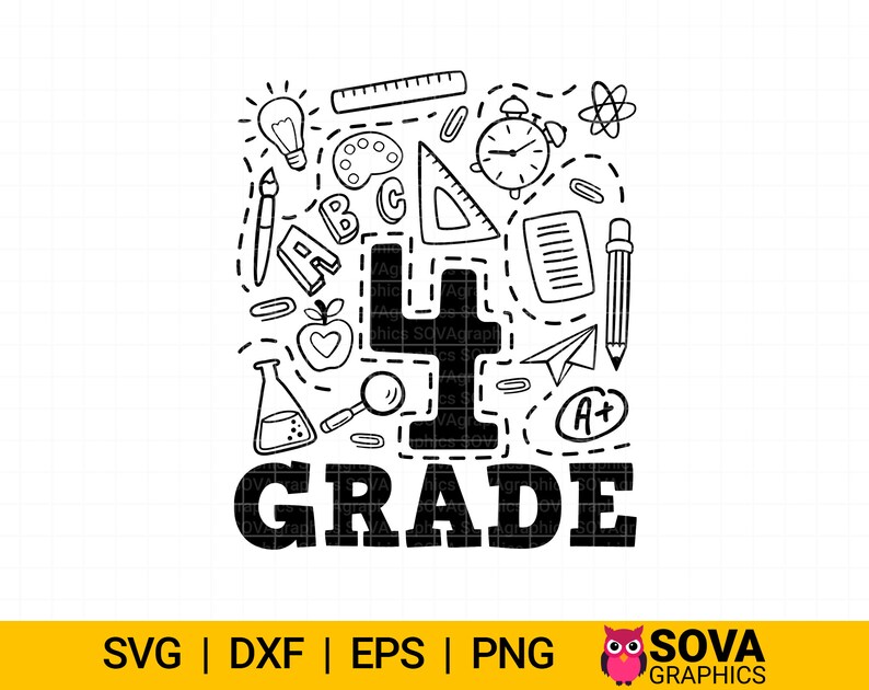 Peut inclure: Illustration en noir et blanc sur le th&egrave;me de l'&eacute;cole avec le chiffre "4" au centre et le mot "GRADE" en dessous. L'illustration comprend divers fournitures scolaires comme un crayon, une r&egrave;gle, une pomme et une loupe.