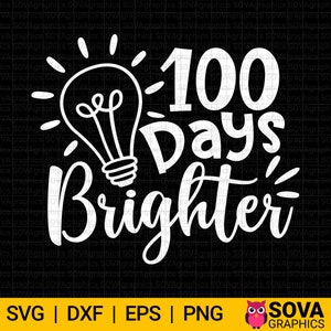 May include: White graphic design with a lightbulb and the text "100 Days Brighter".