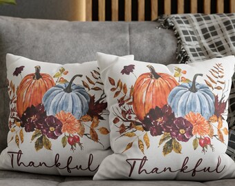 Blue and Orange Pumpkin Pillow Cover * Fall Pillow Cover Thankful * Cottage Core Room Home Decor * Two Sided Print Autumn Throw Pillow Cover
