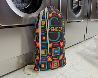Personalized Laundry Bag, Custom Geometric Pattern Monogrammed Laundry Bag, Laundry Bag for College & Home, Travel Laundry Bag, Camp Bag
