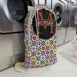 Personalized Laundry Bag Custom Monogrammed Laundry Bag Floral Black Checkered Laundry Bag for College Travel Laundry Bag Drawstring Camping