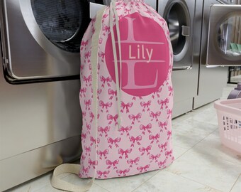 Personalized Laundry Bag, Custom Coquette Pink Bow College Monogrammed Laundry Bag, Laundry Bag for College & Home, Travel Laundry Bag