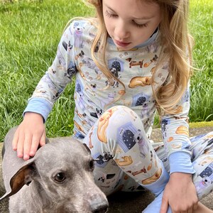 May include: A young girl wearing blue pajamas with a dog print sits on a concrete surface and pets a small, gray, hairless dog. The pajamas have a light blue background with a variety of dogs in different poses and colors.