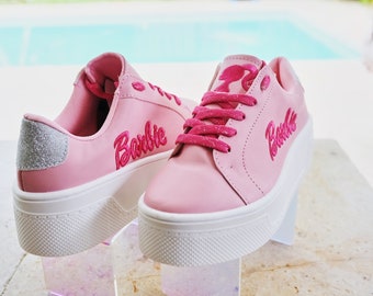 Pink sneakers inspired Barb movie, woman pink platform