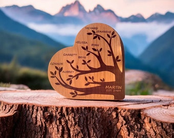 Personalized Family Tree Heart | Engraved Cherry Wood Keepsake