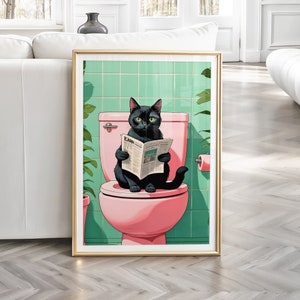 黒猫の壁アート、トイレの黒猫のプリント、面白い猫のポスター、面白いバスルームのプリント、猫好きへのギフト、黒猫のプリント、額入りギフト、プリント