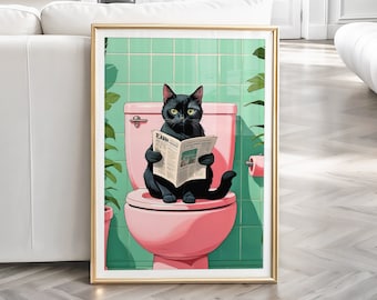 Gatto nero divertente Quadri Moderni Quadro Moderno Carino Gatto Nero Bagno Stampa su Tela Con Cornice Pittura Quadri su tela Decorazioni da Parete Bagno Toilette Camera dei Bambini 30x40cm