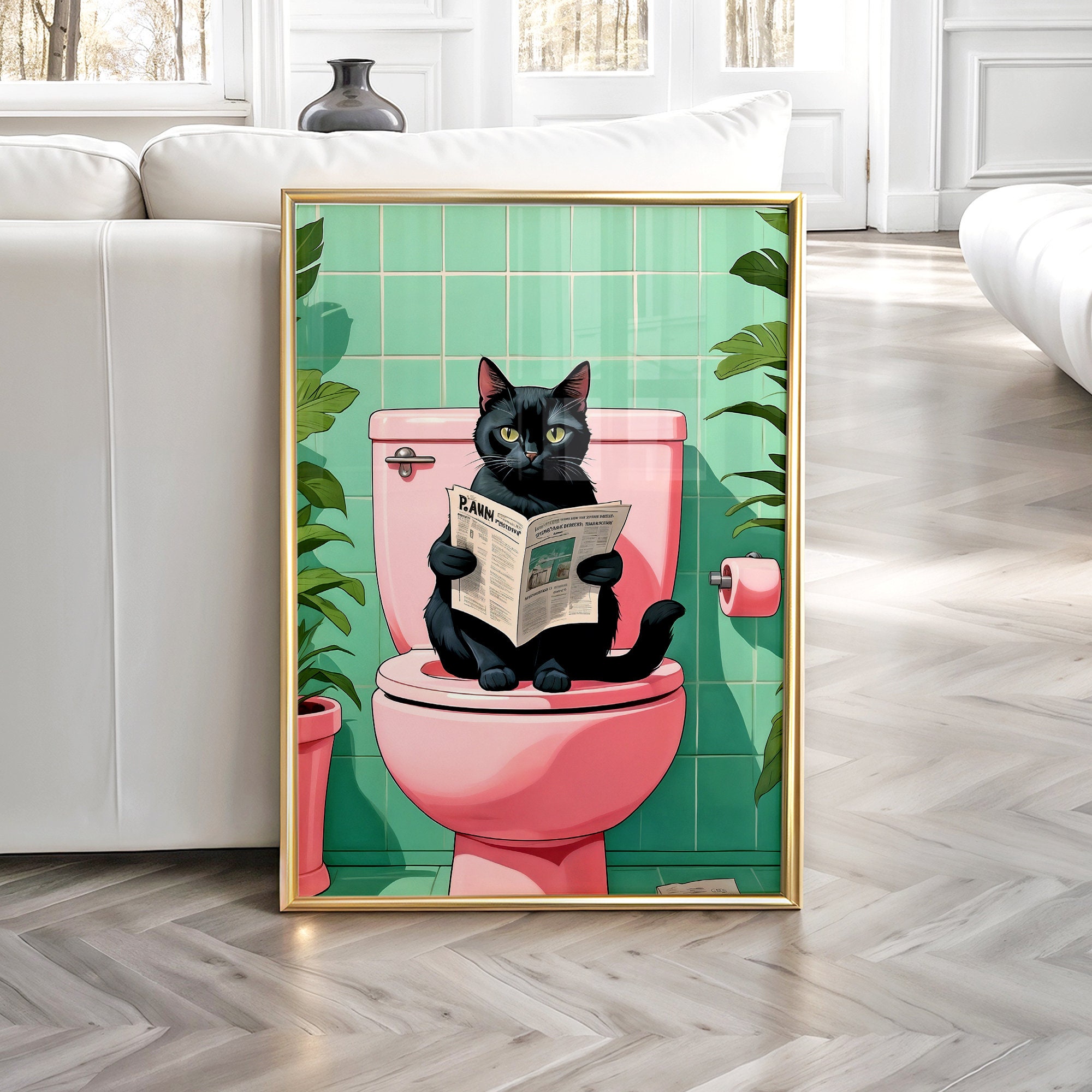 Funny Black Cat Toilet Print, Whimsical Bathroom Wall Art - Etsy
