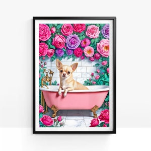 May include: A small chihuahua dog sits in a pink bathtub with gold feet. The bathtub is surrounded by pink, purple, and white roses.