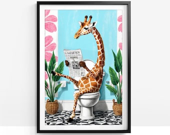 Funny Giraffe Bathroom Print, Animal on Toilet (Digital Download)