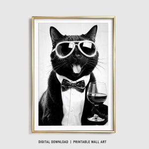 黒猫のウォールアート、ワインを飲む猫のプリント、黒猫のポスター、面白い猫のギフト、猫の飼い主へのギフト、バーカート、猫好きへのギフト、印刷可能、デジタル