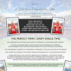 May include: A green and white soccer field with text that reads "The Perfect Print, Every Single Time".  The text is in a green box with a white border.  Below the text is a white box with a green border that contains instructions for ordering a personalized soccer jersey.  The instructions include the text "Enter Your Personalization Notes".  The text is in a green box with a white border.  The instructions include the text "View all of the Etsy images & the options available. Then simply enter your details in your order notes like the example below."