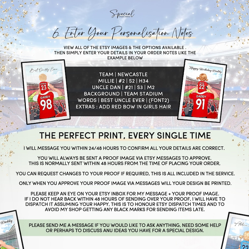 May include: A green and white soccer field with text that reads "The Perfect Print, Every Single Time".  The text is in a green box with a white border.  Below the text is a white box with a green border that contains instructions for ordering a personalized soccer jersey.  The instructions include the text "Enter Your Personalization Notes".  The text is in a green box with a white border.  The instructions include the text "View all of the Etsy images & the options available. Then simply enter your details in your order notes like the example below."