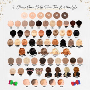 May include: A chart with 58 different baby skin tones and hairstyles. The chart is labeled "Choose Your Baby Skin Tone & Hairstyle".