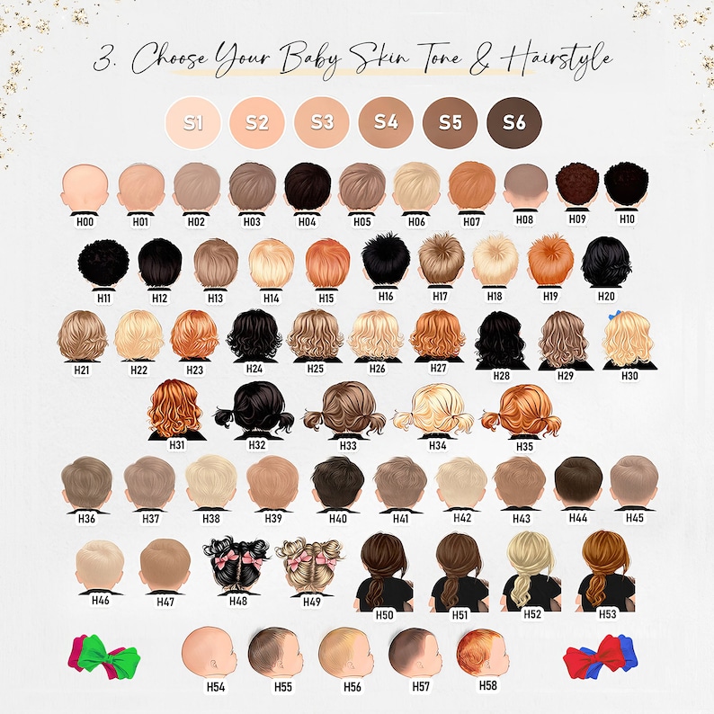 May include: A chart with 58 different baby skin tones and hairstyles. The chart is labeled "Choose Your Baby Skin Tone & Hairstyle".