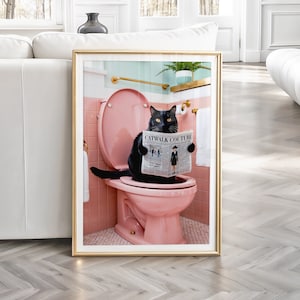 Impresión de gato de baño, arte divertido de la pared del baño, impresión de inodoro de gato negro, impresión de inodoro rosa, regalo de amante de los gatos, cartel de gato negro, enmarcado, IMPRESIÓN