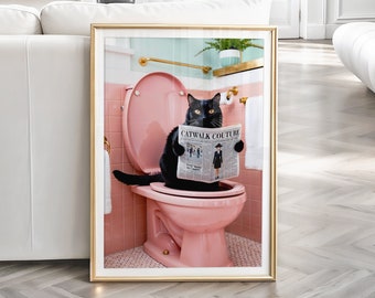 Funny Black Cat Bathroom Print, Pink Toilet, Cat Lover Gift