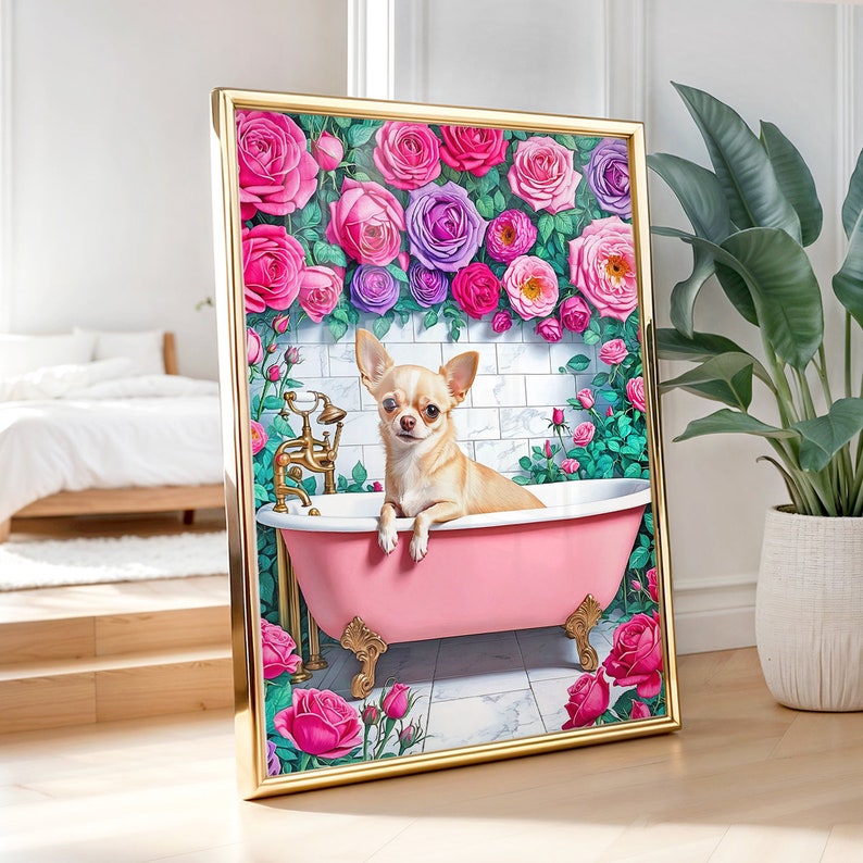 May include: A framed illustration of a chihuahua dog taking a bath in a pink bathtub with gold feet. The dog is surrounded by pink roses and green leaves.