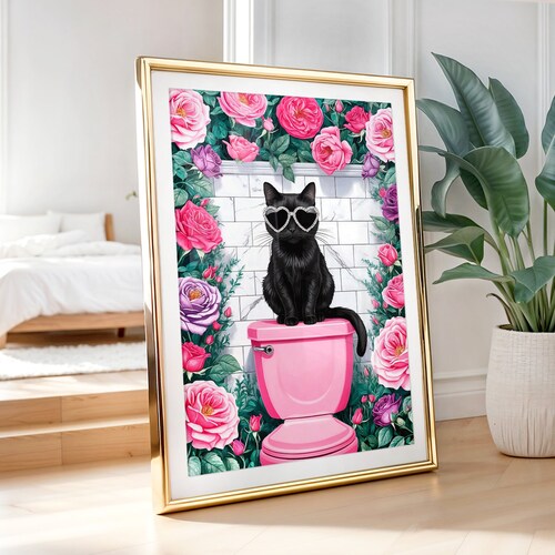 Black Cat Bathroom Print, Funny Pink Toilet, Floral Wall Art
