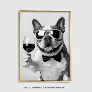 イングリッシュ ブルドッグ ウォール アート、ワインを飲む犬のプリント、ブルドッグ ポスター、面白い犬のギフト、イングリッシュ ブルドッグ ギフト、バー カート、犬が飲む、デジタル
