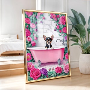 May include: Framed art print featuring a Chihuahua dog in a pink bathtub, surrounded by pink and purple roses. The artwork has a gold frame and is set against a backdrop of a tiled wall and a lush floral arrangement.