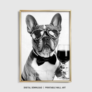 フレンチブルドッグのウォールアート、ワインを飲む犬のプリント、ブルドッグのポスター、面白い犬のギフト、フレンチブルドッグのギフト、バーカート、犬が飲む、デジタル
