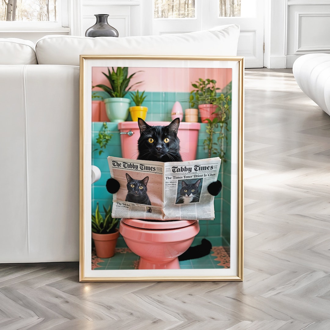 Bathroom Cat Print, Funny Bathroom Wall Art, Black Cat Toilet Print ...
