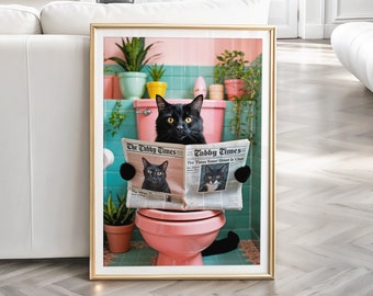 Bathroom Cat Print, Funny Bathroom Wall Art, Black Cat Toilet Print, Pink Toilet Print, Cat Lover Gift, Black Cat Poster, Framed, PRINT
