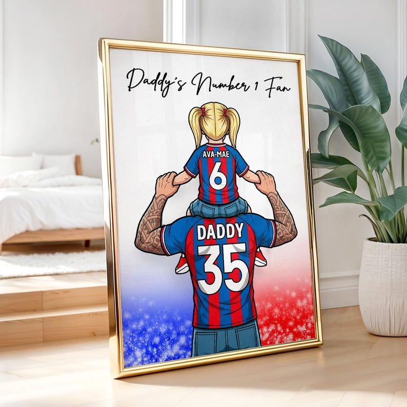 Stampa personalizzata per padre e figlio a tema calcistico, poster personalizzato con maglia del Newcastle, decorazione per appassionati di calcio. immagine 3