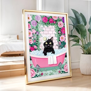 Sztuka ścienna z czarnym kotem, sztuka ścienna z czarnym kotem w stylu boho, prezent z czarnym kotem, czarny kot w wannie, zabawny nadruk do łazienki, plakat z czarnym kotem, wydruk z czarnym kotem