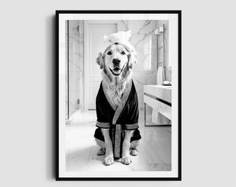 Divertente stampa artistica da bagno raffigurante un Golden Retriever, cane in vestaglia (download digitale)
