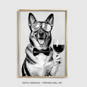 ジャーマン シェパード ウォール アート、ワインを飲む犬のプリント、ジャーマン シェパード ポスター、面白い犬のギフト、ジャーマン シェパードのギフト、バー カート、デジタル