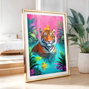 Tigre dans la baignoire, art mural bohème, impression salle de bain preppy rose, tigre dans la baignoire, impression drôle de salle de bain, affiche tigre, art mural bohème, impression