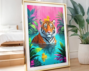 Tiger in Bathtub Print, Pink Preppy Bathroom Art