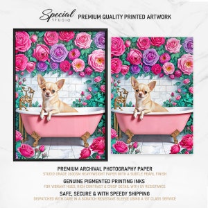 May include: A digital illustration of a chihuahua dog sitting in a pink bathtub with a gold faucet. The dog is surrounded by pink and purple roses. The background is a white tiled wall.