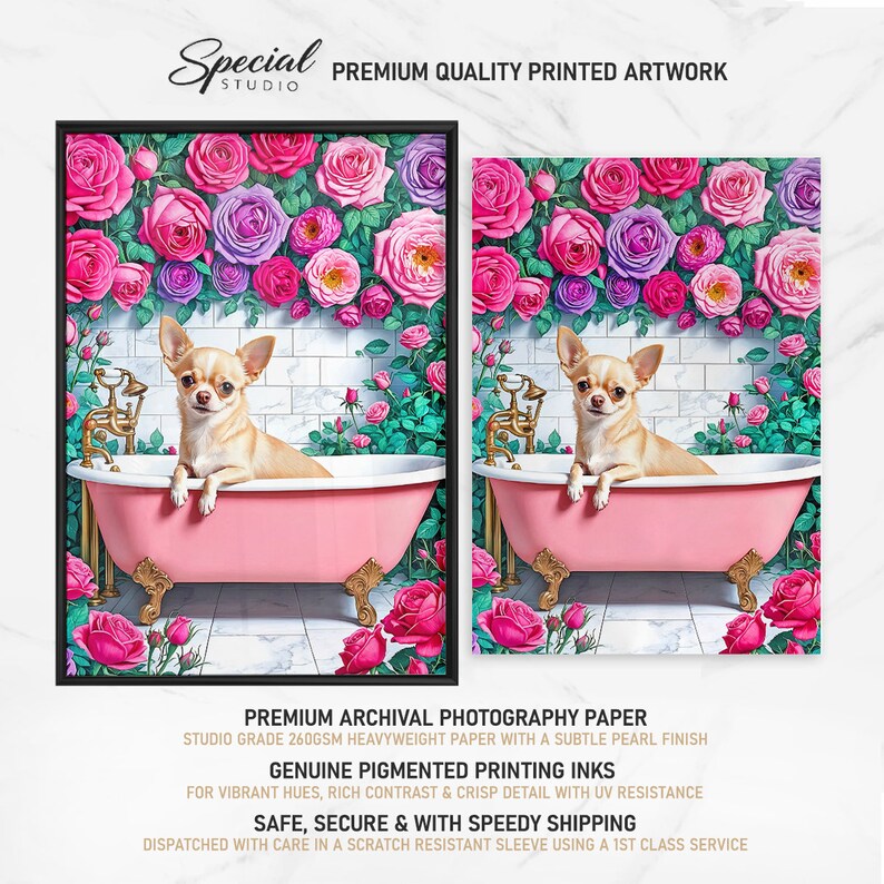 May include: A digital illustration of a chihuahua dog sitting in a pink bathtub with a gold faucet. The dog is surrounded by pink and purple roses. The background is a white tiled wall.