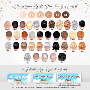 May include: A chart with 35 different hairstyles and skin tones for customizing a digital illustration. The chart is labeled "Choose Your Adult Skin Tone & Hairstyle". There are six skin tone options labeled S1 through S6. Each hairstyle is labeled with a number, starting with M00 and ending with M35. The chart also includes three text boxes labeled "Your Words Here" with different font options.