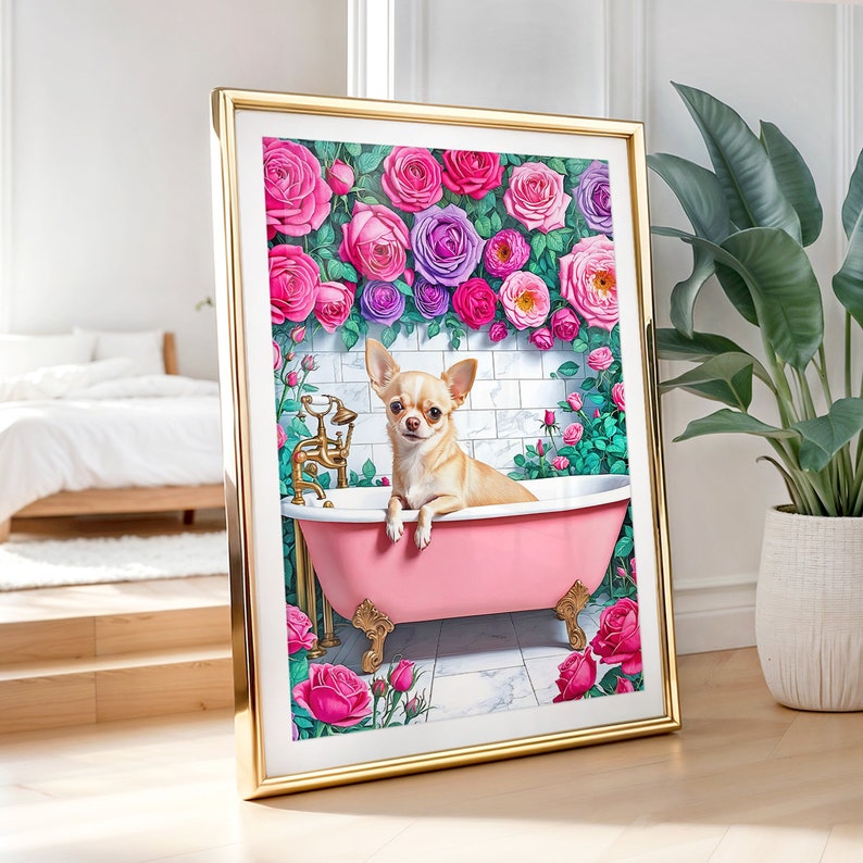 May include: A chihuahua dog sits in a pink bathtub surrounded by pink roses. The dog is looking at the camera. The bathtub has gold feet.