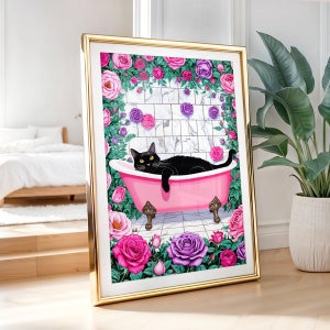 Black Cat Wall Art, Black Cat Boho Wall Art, Black Cat Gift, Black Cat In Bathtub, Funny Bathroom Print, Black Cat Poster, Black Cat PRINT