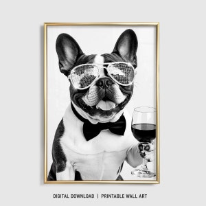 フレンチブルドッグのウォールアート、ワインを飲む犬のプリント、ブルドッグのポスター、面白い犬のギフト、フレンチブルドッグのギフト、バーカート、犬が飲む、デジタル