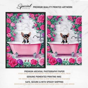 May include: Artwork print featuring a Chihuahua dog in a pink bathtub surrounded by pink and purple roses. The artwork is framed in a black frame and set against a white tile background. The print includes the text "Special Studio" and "Premium Quality Printed Artwork".