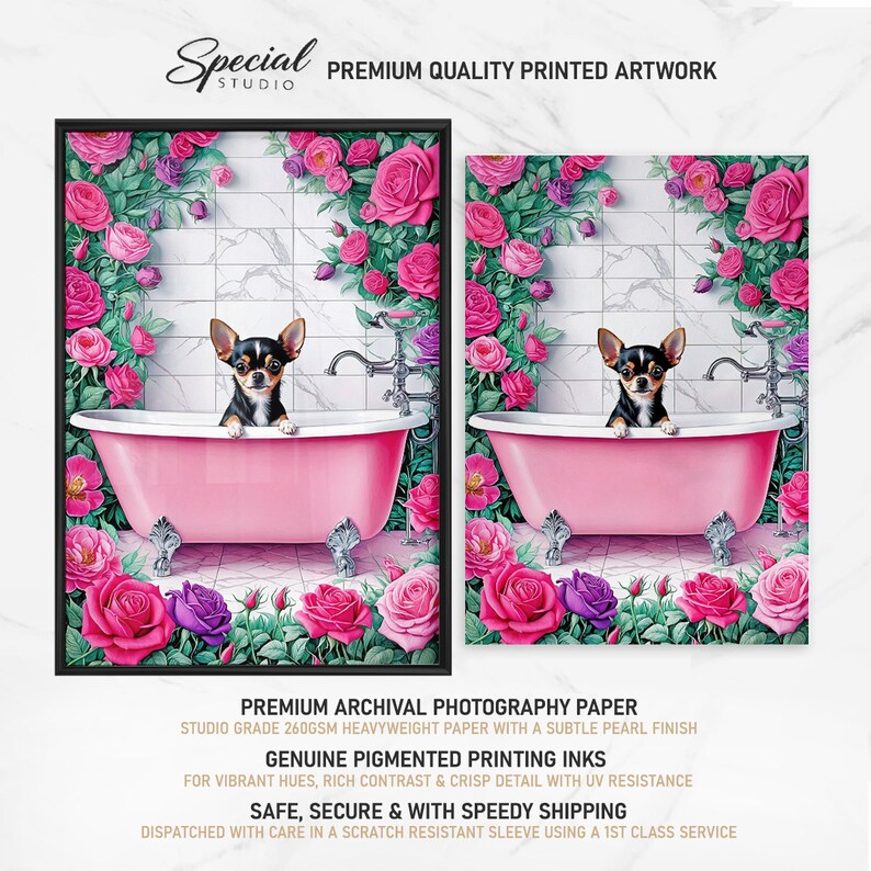 May include: Artwork print featuring a Chihuahua dog in a pink bathtub surrounded by pink and purple roses. The artwork is framed in a black frame and set against a white tile background. The print includes the text "Special Studio" and "Premium Quality Printed Artwork".