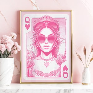 Impression rétro Reine de coeur rose, impression de mode, affiche de chambre de filles, gravures roses, art mural maquillage, affiche mode rose, art mural preppy