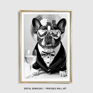 フレンチブルドッグのウォールアート、ワインを飲む犬のプリント、ブルドッグのポスター、面白い犬のギフト、フレンチブルドッグのギフト、バーカート、タキシードを着た犬、デジタル