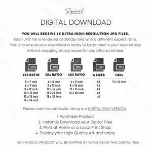 May include: Digital download graphic with the text "Digital Download" and "You will receive 5x ultra high-resolution JPG files."  The graphic also includes a table with different sizes of JPG files and their corresponding dimensions in inches.