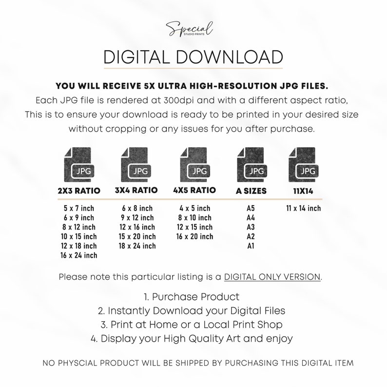 May include: Digital download graphic with the text "Digital Download" and "You will receive 5x ultra high-resolution JPG files."  The graphic also includes a table with different sizes of JPG files and their corresponding dimensions in inches.