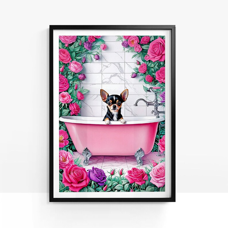 May include: A framed print featuring a Chihuahua dog in a pink bathtub, surrounded by pink and purple roses. The dog has black, brown, and white fur. The background includes a white tiled wall and a silver faucet.