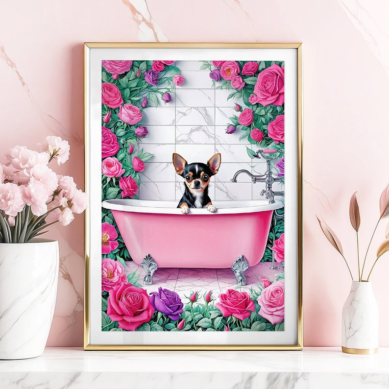 May include: A framed print featuring a Chihuahua dog in a pink bathtub, surrounded by pink and purple roses. The dog has black and brown fur. The bathroom has a white tile wall and a silver faucet. The print is in a gold frame.
